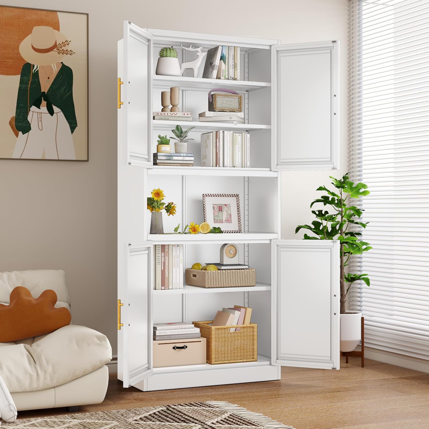 Ckzbx Gabinete de cocina de metal de 61 pulgadas de alto con 4 puertas, armarios de baño, 2 estantes ajustables para cocina, oficina en casa, sala de estar, comedor (negro)