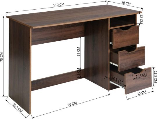 Mesa de Estudio de Escritura Multipropósito para Computadora con 3 Cajones de Guía Deslizantes Laterales Diseño Minimalista Moderno Escritorio de Oficina de Madera Haya