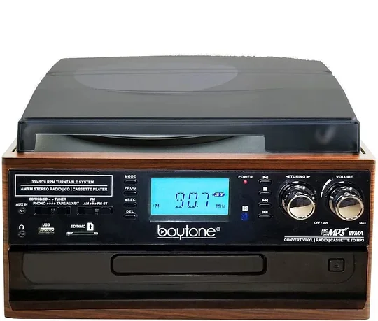 BT-22MS 9-in-1 Wireless Connection Multimedia Turntable System – Mahogany with Silver Knob