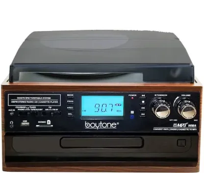 BT-22MS 9-in-1 Wireless Connection Multimedia Turntable System – Mahogany with Silver Knob