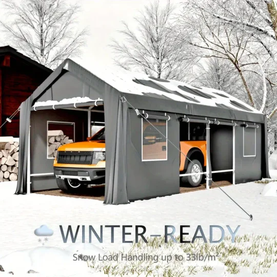 Cochecito a prueba de viento de 13'x25' de gran tamaño, marco reforzado antiviento de alta resistencia, garaje portátil para camionetas de tamaño completo, SUV, botes y remolques, altura ajustable, gris plateado