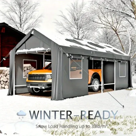 Cochecito a prueba de viento de 13'x25' de gran tamaño, marco reforzado antiviento de alta resistencia, garaje portátil para camionetas de tamaño completo, SUV, botes y remolques, altura ajustable, gris plateado