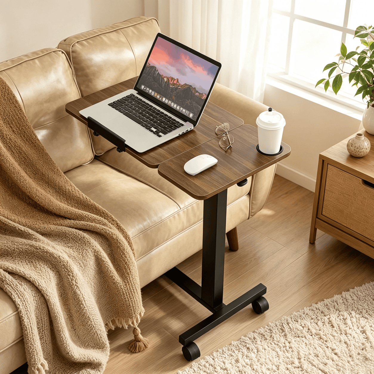 Overbed Table Adjustable Rolling Bedside Desk