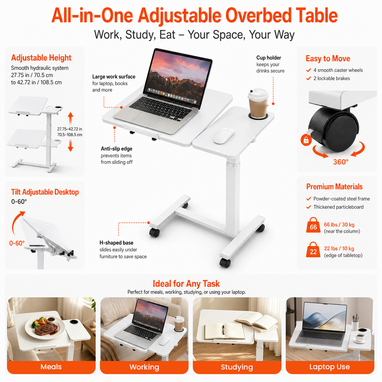 Overbed Table Adjustable Rolling Bedside Desk