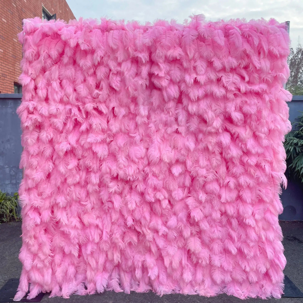 Pink Feather：5D Fabric Artificial rolling up curtain flower wall