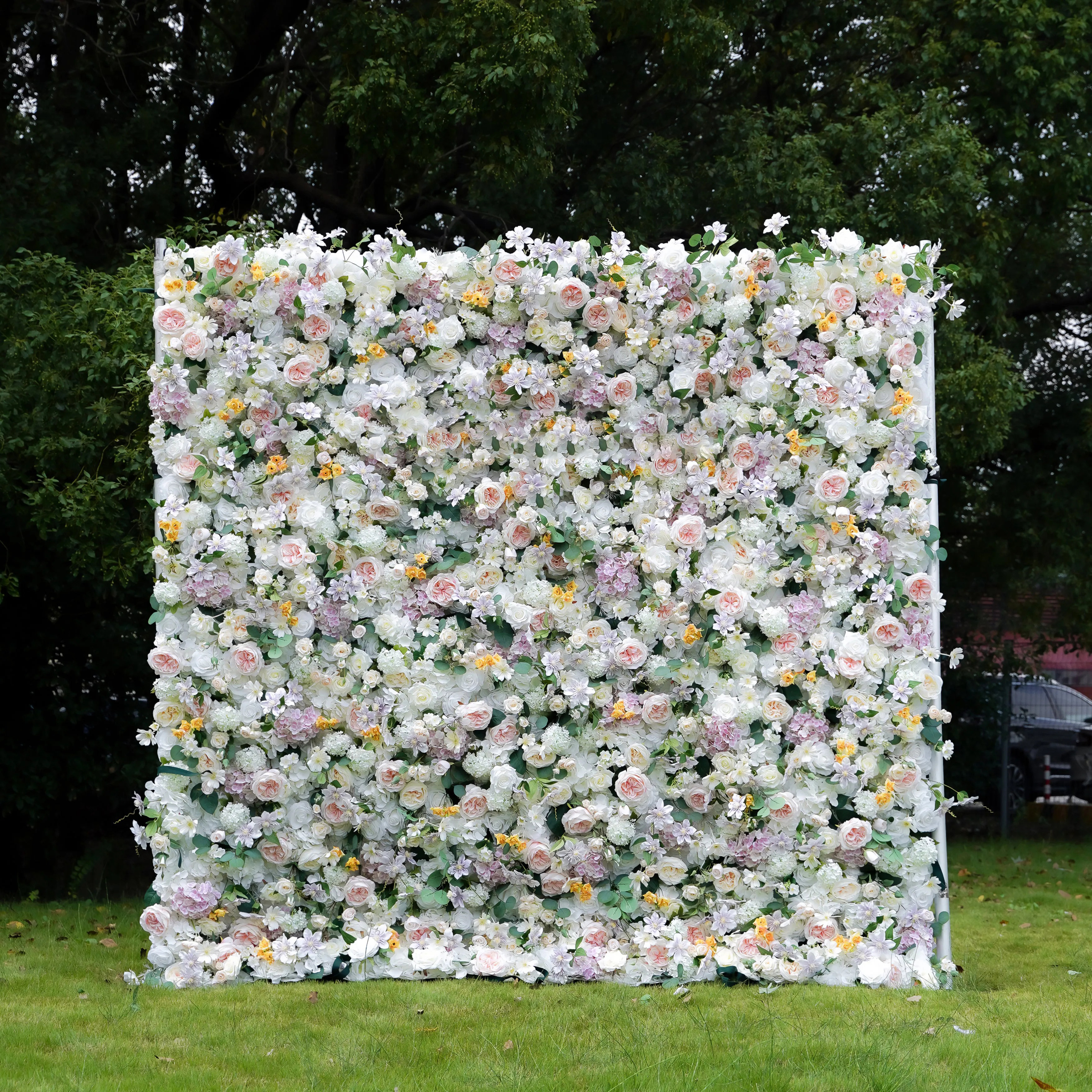 Alexa：7D Fabric Artificial rolling up curtain flower wall