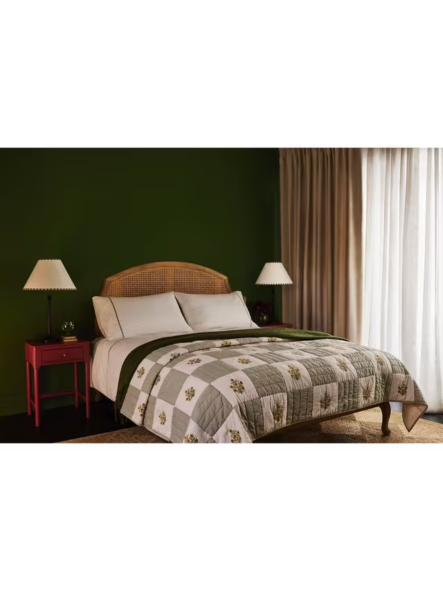 Floral Embroidered Quilted Bedspread, Natural