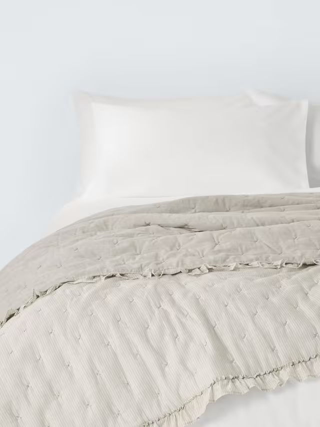 Chambray Stripe Reversible Quilted Frilled Bedspread, Natural