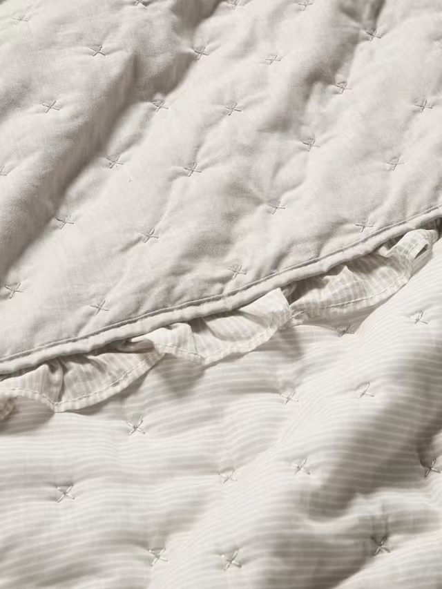 Chambray Stripe Reversible Quilted Frilled Bedspread, Natural