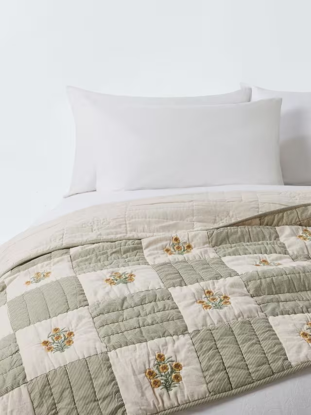 Floral Embroidered Quilted Bedspread, Natural
