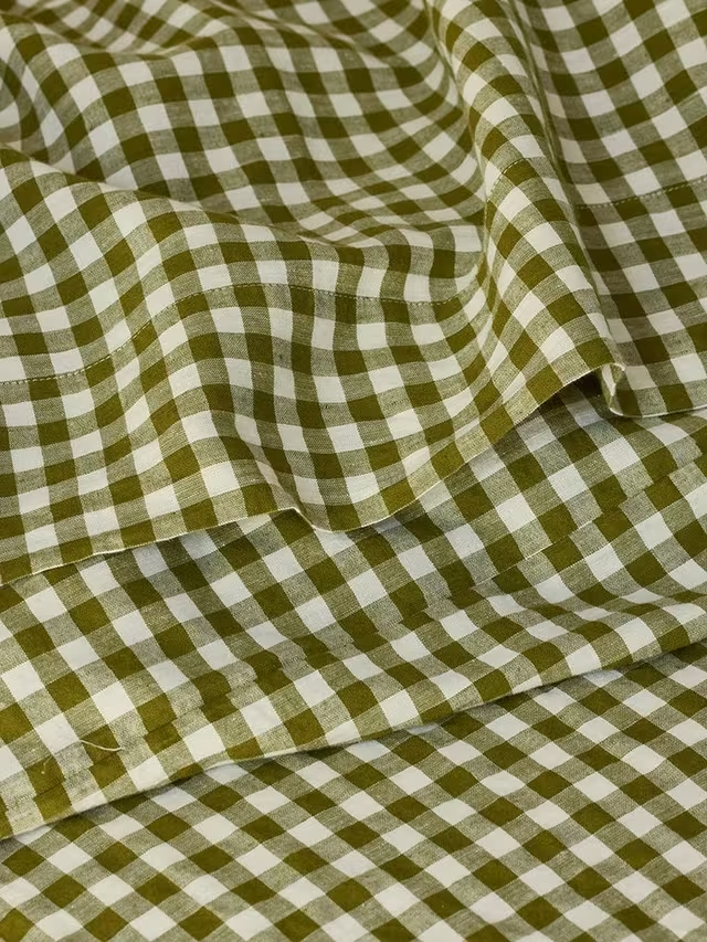 Gingham Linen Blend Flat Sheet, Botanical Green