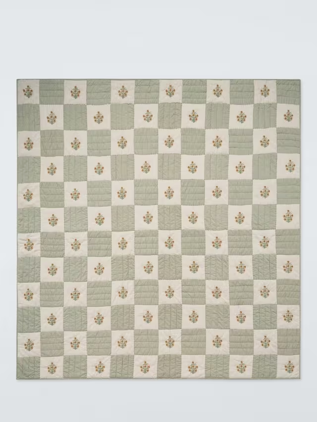 Floral Embroidered Quilted Bedspread, Natural