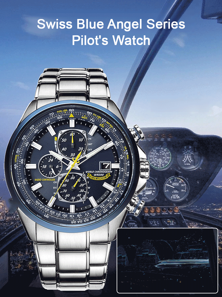 Blue Angel three-eye six-hand light-kinetic energy quartz movement flight watch