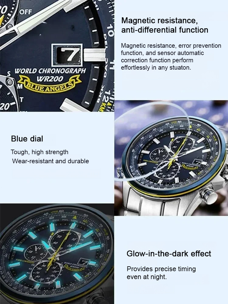 Blue Angel three-eye six-hand light-kinetic energy quartz movement flight watch
