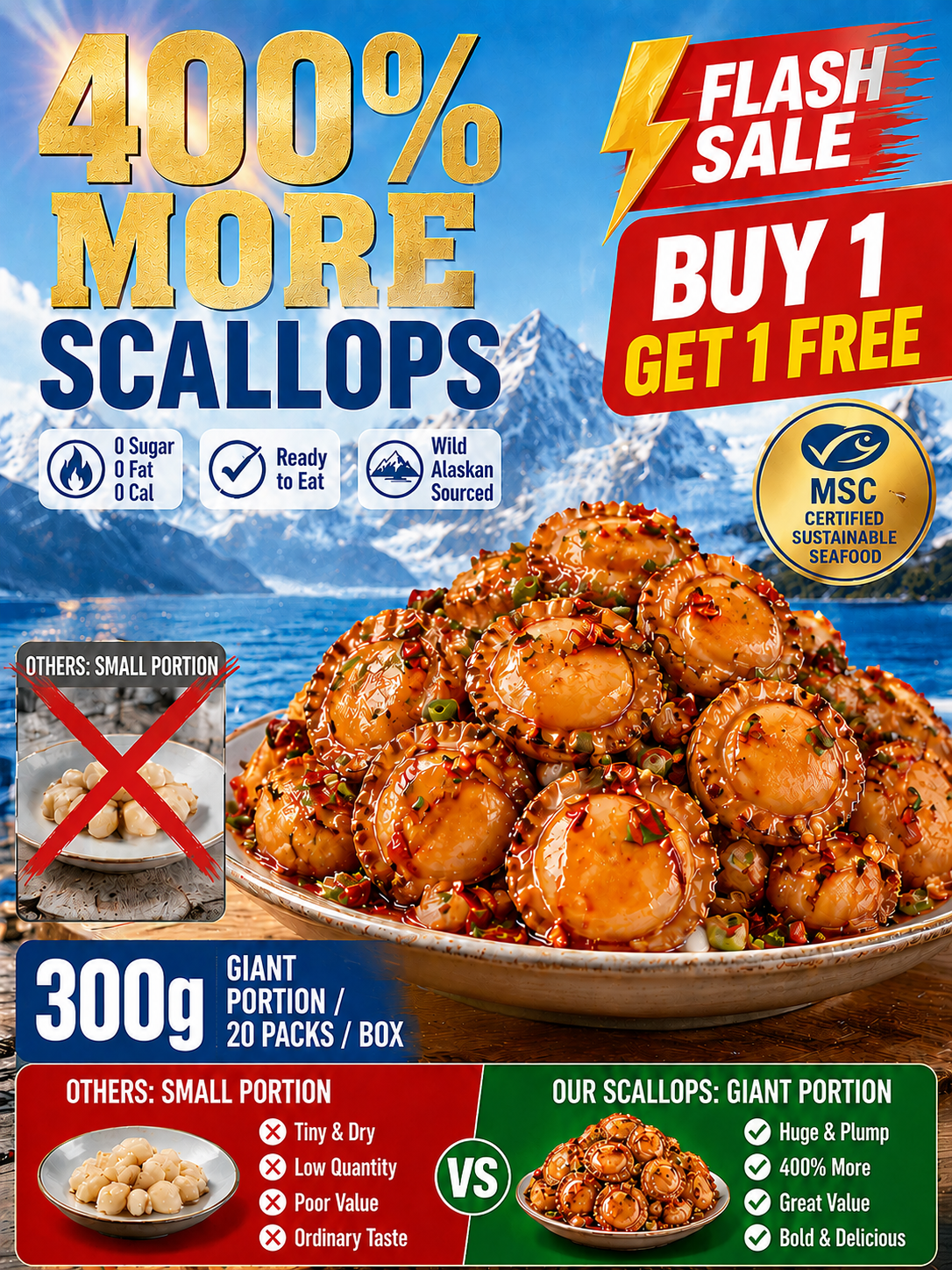 【 TODAY ONLY: Buy 1 Get 1 Free!】🌶️ Wild Alaska Ready to Eat Wild Scallops | High Protein Keto Snack 🐚