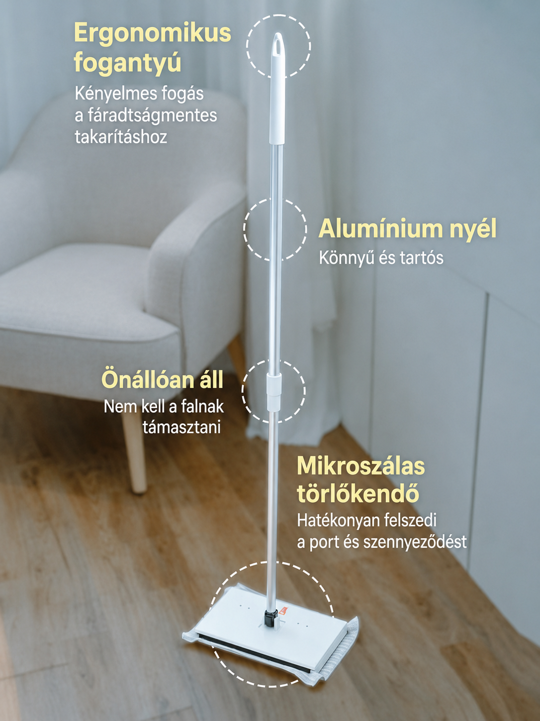 Kézmosás nélküli háztartási lapos felmosó.