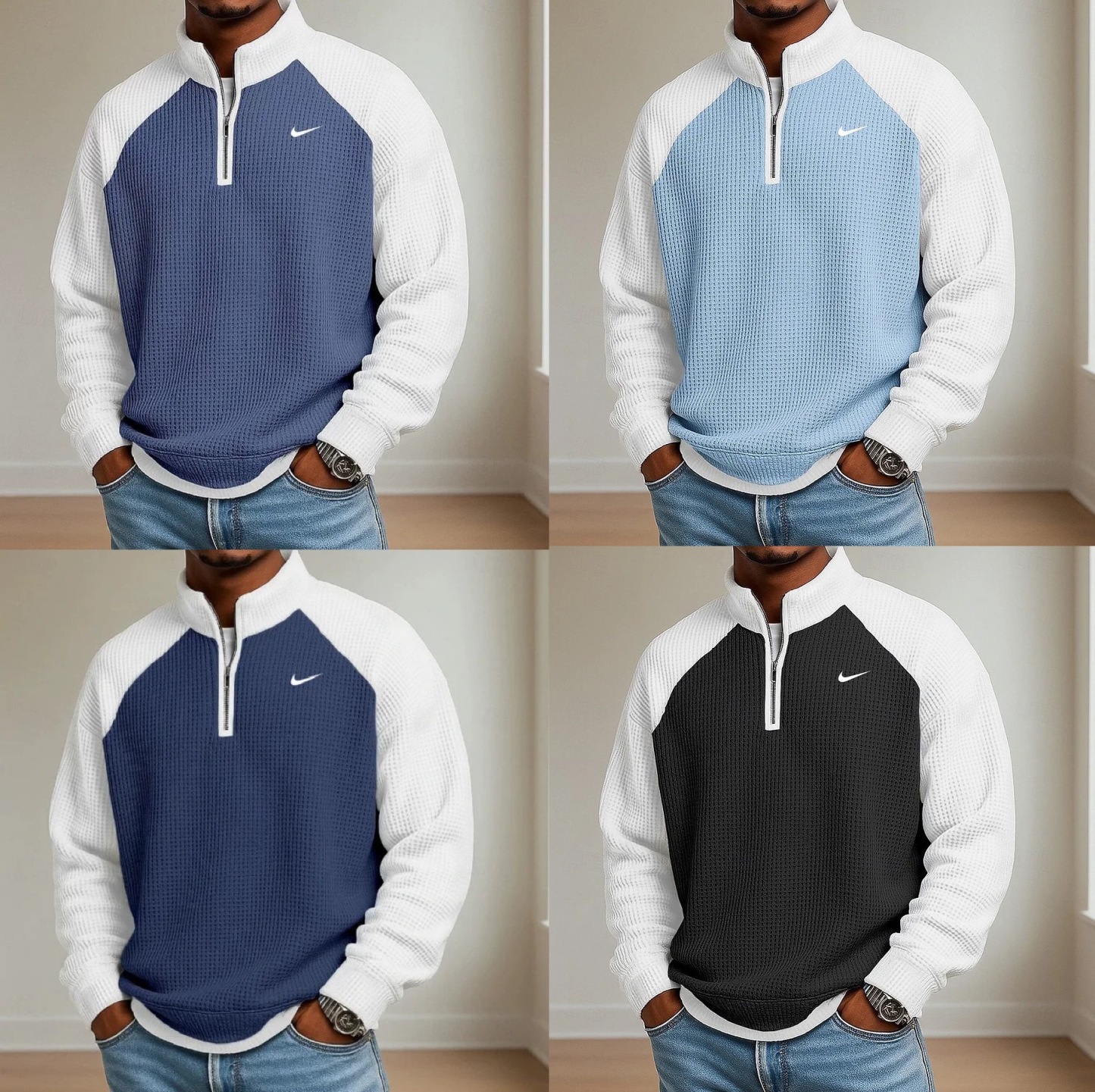 2026 Men's Waffle Knit Long-Sleeve Polo Shirt
