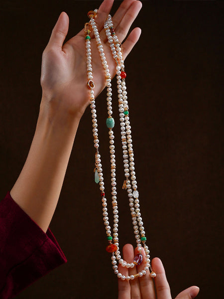 Exclusive Design Chinese Style Vintage Pearl Necklace with Fine Jade Tourmaline Gems-02
