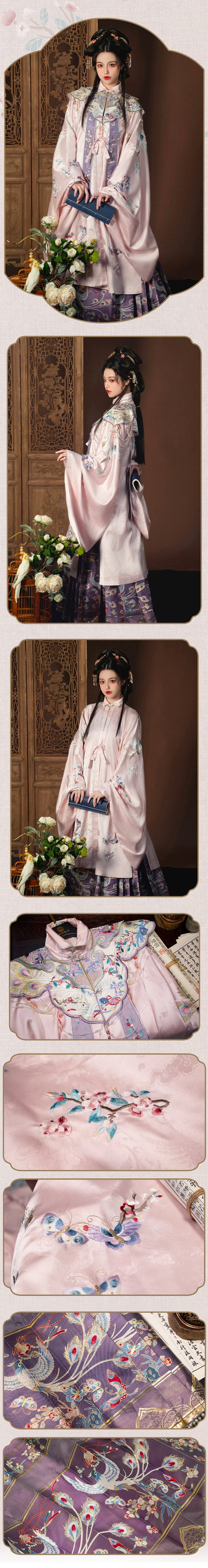 Pink Flowers and Birds Embroidered Hanfu Clothing Horse Face Skirt Daily Wear
