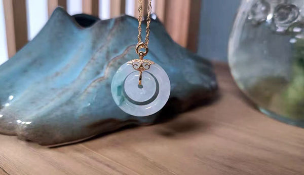 Natural Ice Jadeite Jade Chinese Concentric Knot「Health Harmony & Happiness」Ping An Kou Pendant Necklace for Women