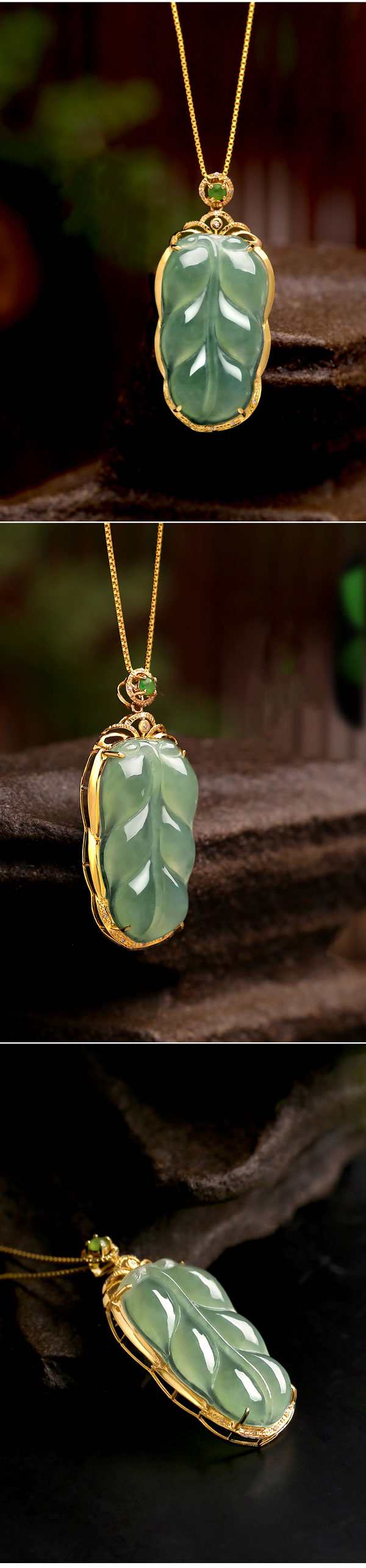 18K Gold Inlay Natural Ice Jadeite Jade Chinese「Jin Zhi Yu Ye」Golden Branch and Jade Leave Pendant Necklace-01