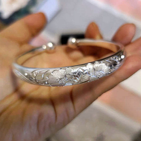 Vintage Chinese Style Hand-Carved Flower Pure Silver Bangle Bracelet for Women-06