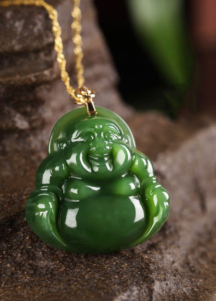 Emerald Green Natural Jadeite Jade Laughing Buddha「Happiness」Pendant Necklace for Men and Women-01