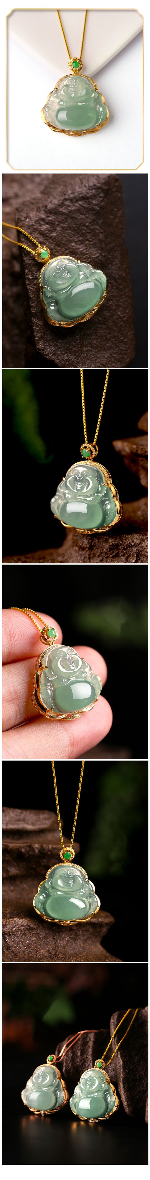 18K Gold Inlay Natural Ice Jadeite Jade Laughing Buddha「Happiness」Pendant Necklace for Men and Women