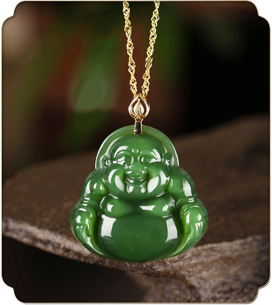 Emerald Green Natural Jadeite Jade Laughing Buddha「Happiness」Pendant Necklace for Men and Women-03