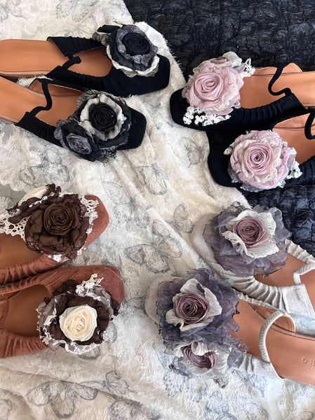 Handmade Vintage Chinese Style Cloth Art Elegant Wabi-Sabi Dried Rose Flower Flat Shoes