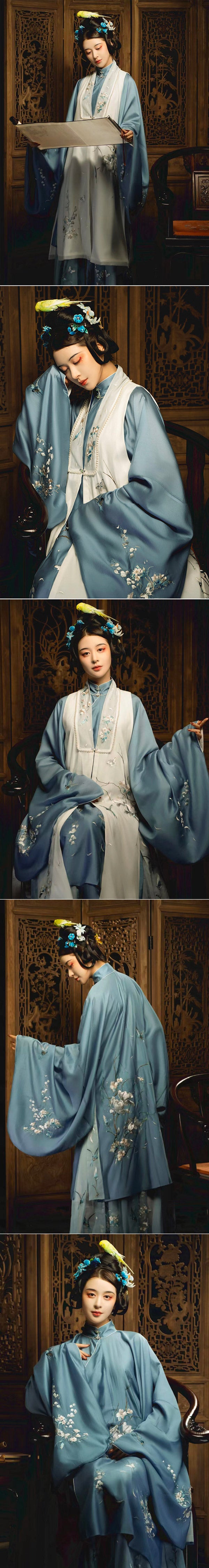 The Scent of Flowers on a Rainy Night Misty Blue Embroidery Hanfu Clothing
