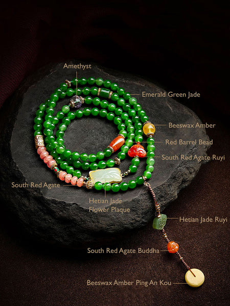 Vintage Chinese Style Spinach Green Natural Jade Beaded Necklace with Multi-Gemstone-01