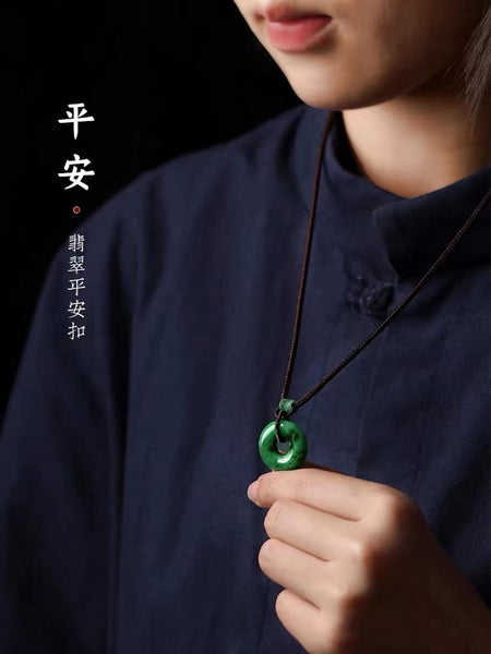 Natural Emerald Green Ice Jadeite Jade Chinese「Ping An Kou」Pendant Necklace for Women and Men-03