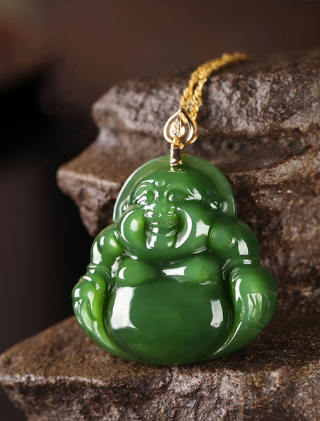 Emerald Green Natural Jadeite Jade Laughing Buddha「Happiness」Pendant Necklace for Men and Women-02