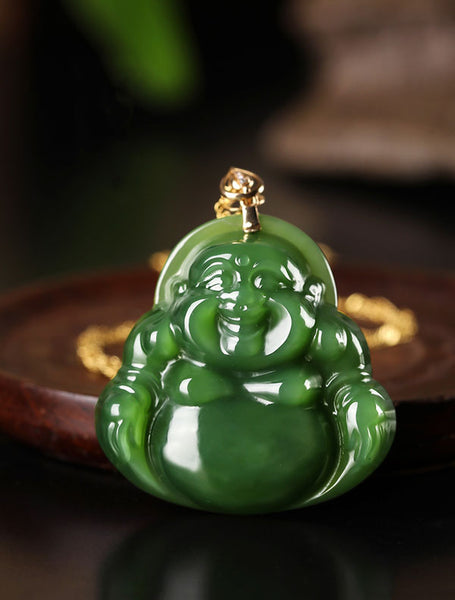 Emerald Green Natural Jadeite Jade Laughing Buddha「Happiness」Pendant Necklace for Men and Women-24