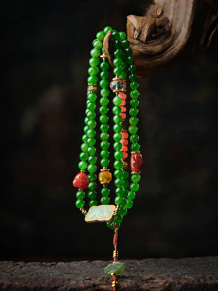 Vintage Chinese Style Spinach Green Natural Jade Beaded Necklace with Multi-Gemstone-03