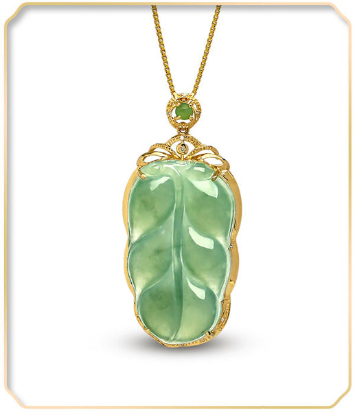18K Gold Inlay Natural Ice Jadeite Jade Chinese「Jin Zhi Yu Ye」Golden Branch and Jade Leave Pendant Necklace-03