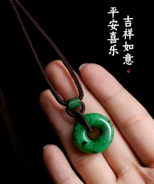 Natural Emerald Green Ice Jadeite Jade Chinese「Ping An Kou」Pendant Necklace for Women and Men-01