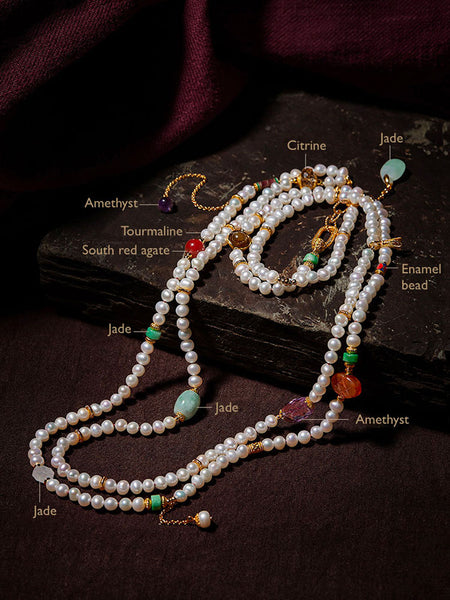 Exclusive Design Chinese Style Vintage Pearl Necklace with Fine Jade Tourmaline Gems-03