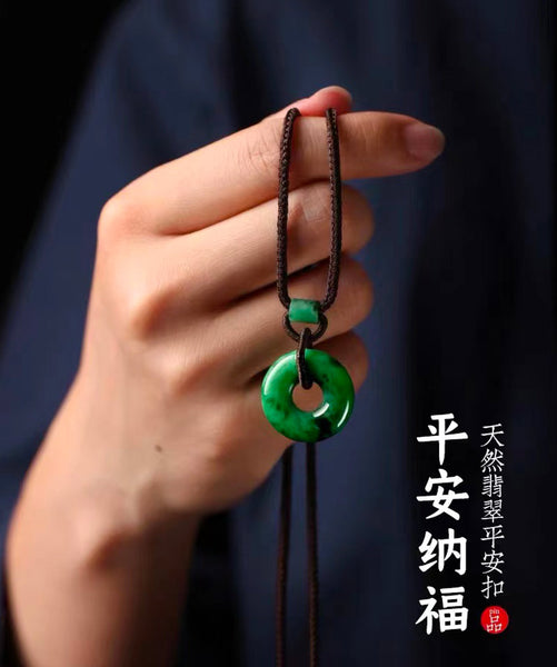 Natural Emerald Green Ice Jadeite Jade Chinese「Ping An Kou」Pendant Necklace for Women and Men-02
