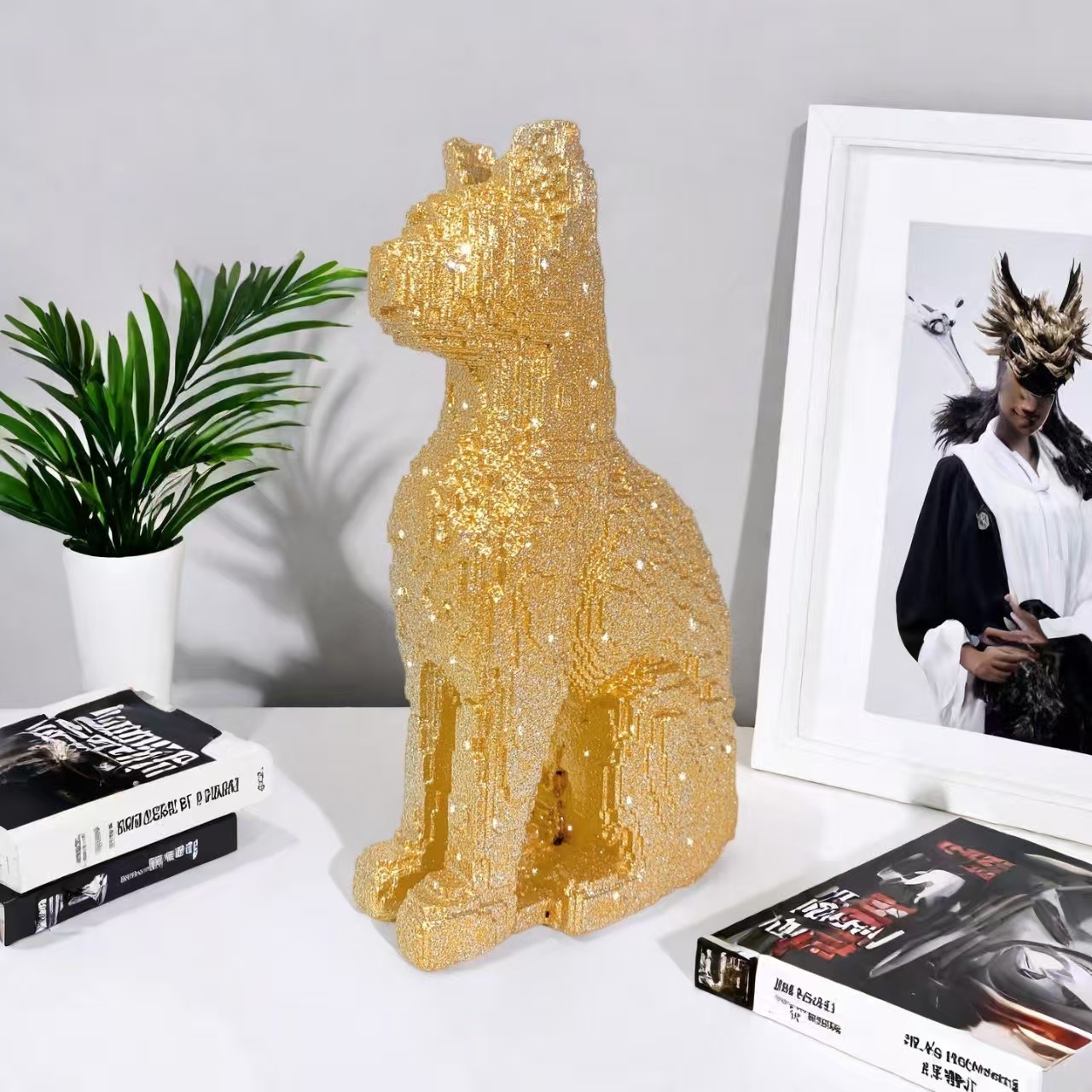 Luxury-luxurious style entrance desk resin engraved building block sitting cat figurine