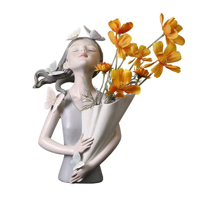 Butterfly Girl Flower Arrangement Vase for Home Tabletop Resin Artwork Decoration 