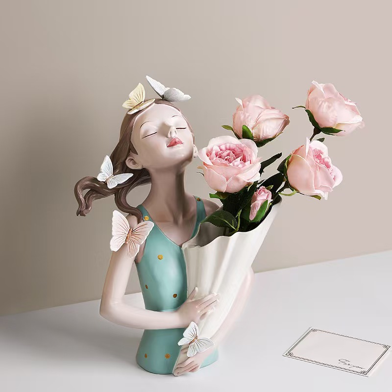 Butterfly Girl Flower Arrangement Vase for Home Tabletop Resin Artwork Decoration 