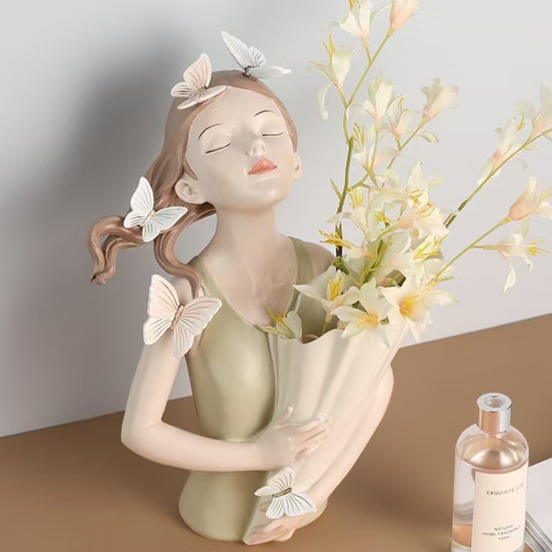 Butterfly Girl Flower Arrangement Vase for Home Tabletop Resin Artwork Decoration 