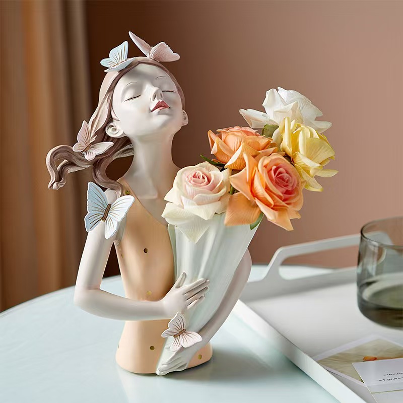 Butterfly Girl Flower Arrangement Vase for Home Tabletop Resin Artwork Decoration 