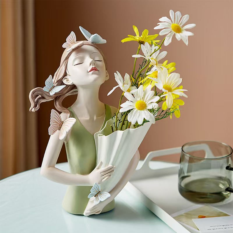 Butterfly Girl Flower Arrangement Vase for Home Tabletop Resin Artwork Decoration 
