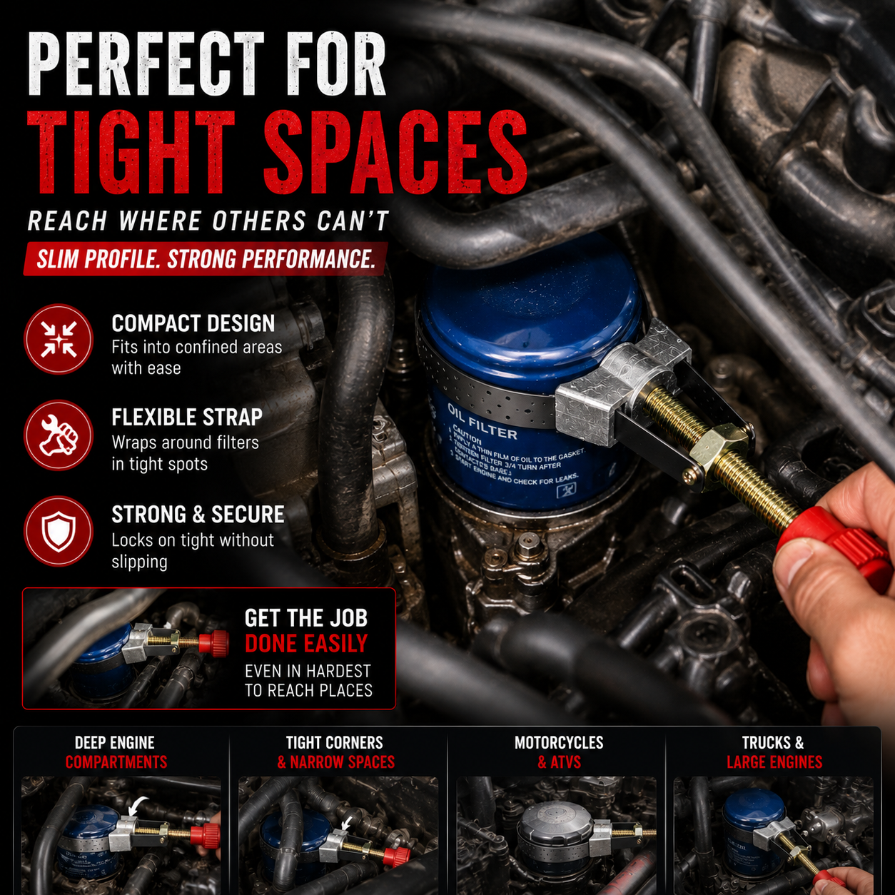 Oil filter wrench tight space use