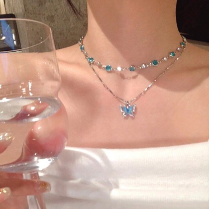 2025 New Jewelry Crystal Blue Butterfly Pendant Necklace
