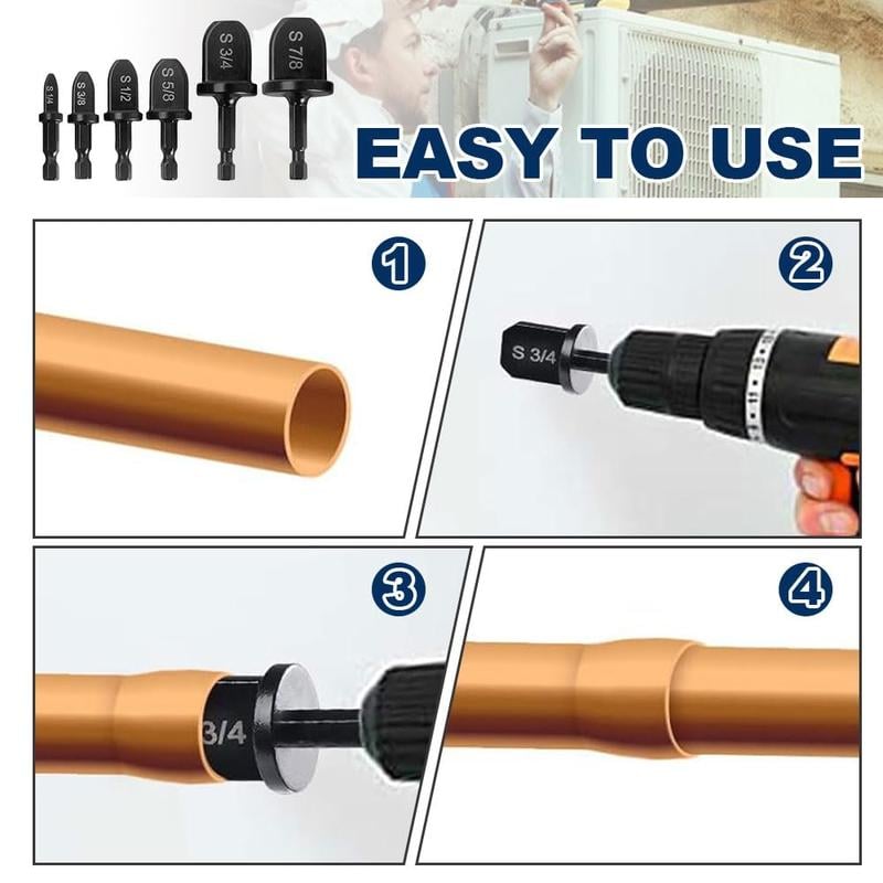 Product Introduction of Swaging Tool Drill Bit Set, 2024 New HVAC Repairing Set Air Conditioner Copper Pipe Reamer, Manual Pipe Swage Tool Drill Bit Soft Copper tubing 1/4''， 3/8''，1/2''， 5/8''，3/4''，7/8'' Bits Set 1