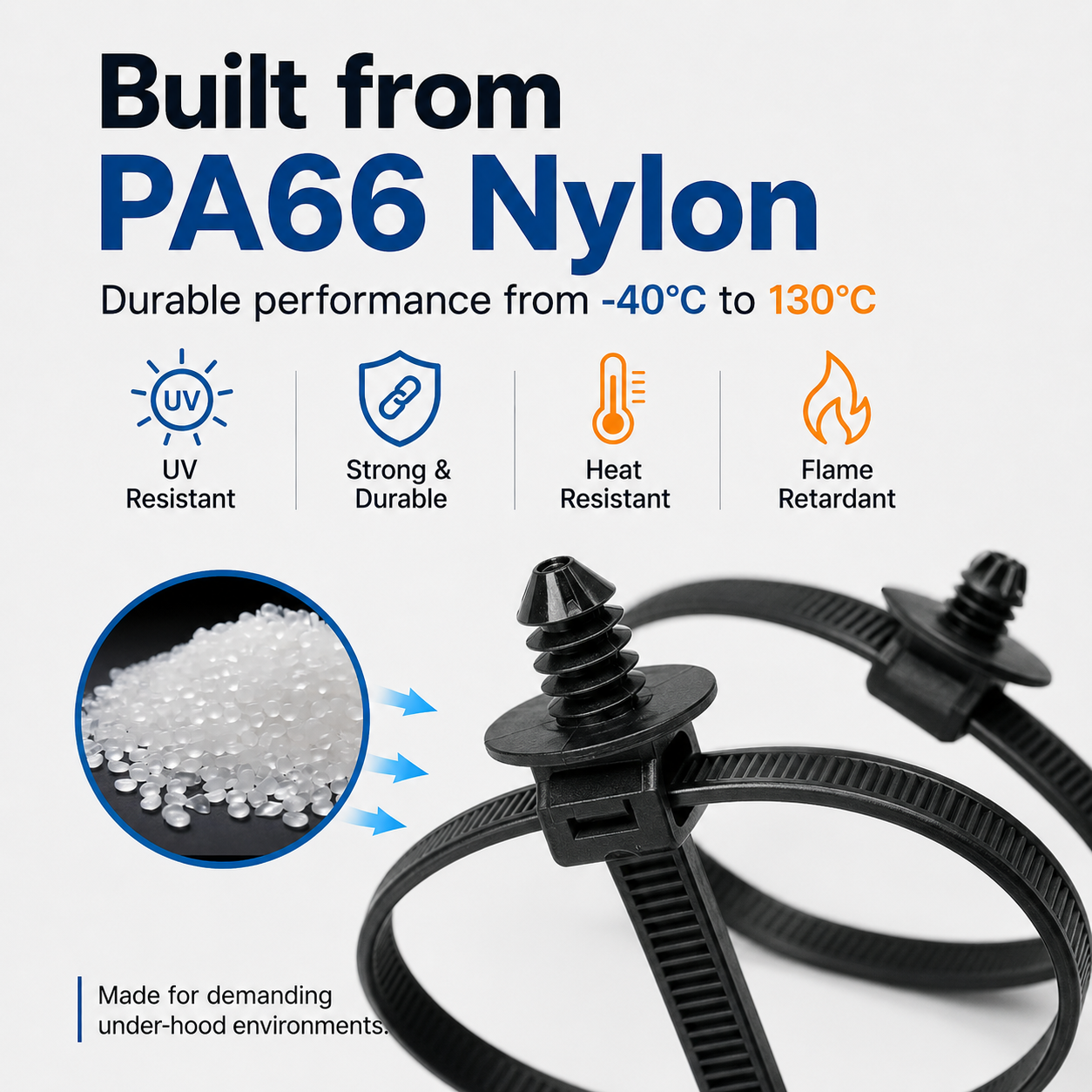 Automotive wiring secured with nylon push-mount cable ties